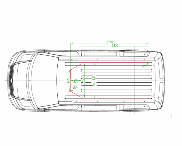 Inštalačný rám spacia strecha VW T6.1/T6/T5 dlhý rázvor, ľavostranné riadenie - s výrezom v kabíne