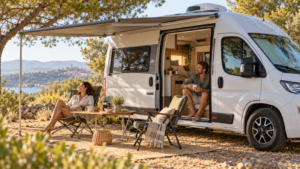 Letný karavan na kempingu s 12 V odparovacím chladením a strešným ventilom